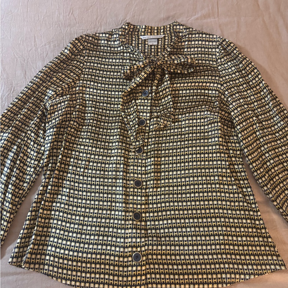 Peter Nygard Yellow and Navy Geometric Tie Neck Silk Blouse